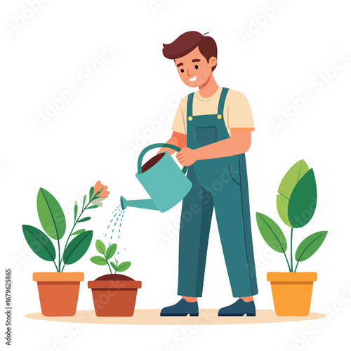 Happy young man tending potted plants, carefully watering a seedling with a teal watering can.