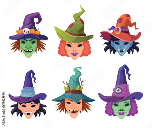 Cartoon witch masks. Witches face in magician hat for halloween costume, scary woman vampire head mask nose hair wizard cap autumn magic evil masquerade set vector illustration