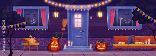 Halloween house entrance. Haunted home halloween decoration door porch for trick or treating kids, pumpkins ghosts in windows garland light cartoon background vector illustration