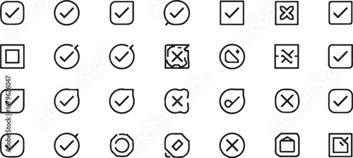 Collection of Check Mark and Cross Mark Icons in Various Shapes and Designs for UI UX Interface