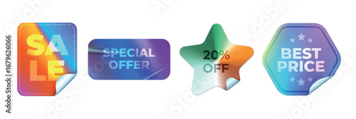Holographic sale stickers. Realistic holo stickers, shop sales discount neon emblem special offer best price y2k iridescent sticker store gradient badges mockup vector illustration