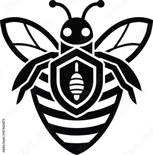 Vector art of stylized black bee with shield emblem on its body, representing protection, security, and industry
