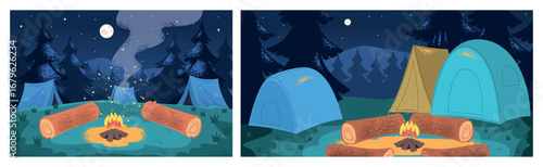 Night camp landscape. Camping tents in forest campsite at campfire with wooden logs, cartoon summer background trees moon stars night sky hiking scene travel vector illustration