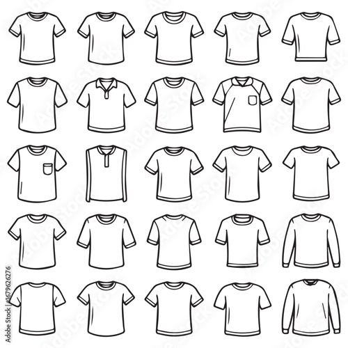 Collection of hand drawn t shirt styles and designs featuring various necklines and sleeve lengths for fashion illustration