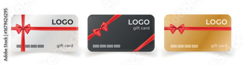 Realistic gift cards. Voucher shop card with red satin ribbon bow, bonus certificate luxury store present silver gold black coupon design discount loyalty 3d vector illustration