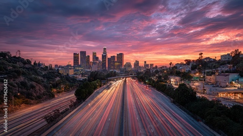 Urban cityscape at dusk, with streaking lights along highway towards skyline