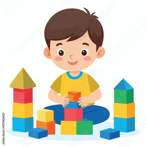 A young boy sits playing with colorful building blocks, constructing towers and structures.