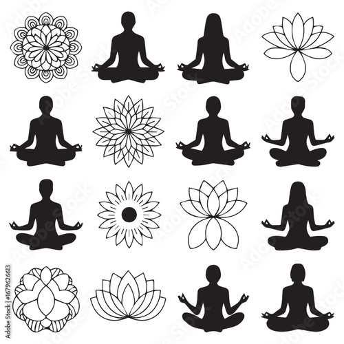 Collection of meditating yoga silhouettes and intricate floral mandala designs for spiritual wellness and relaxation