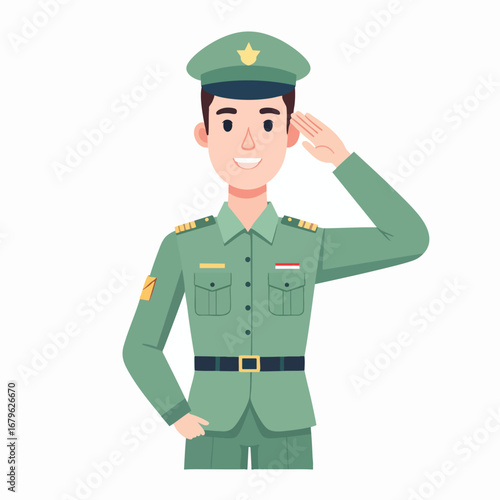 Cartoon illustration of a smiling soldier in green uniform saluting with his right hand.
