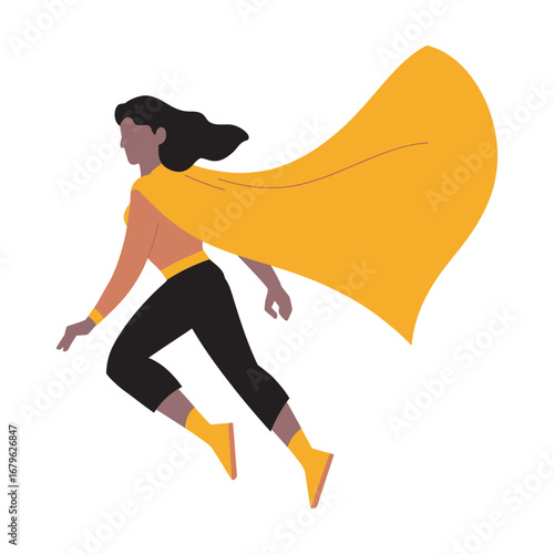 Empowered diverse woman with a flowing yellow cape, embodying speed, agility, and the spirit of a modern hero, soaring towards future achievements