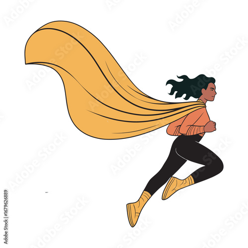 Dynamic vector illustration of a powerful woman with a flowing golden cape, embodying strength, courage, and forward momentum