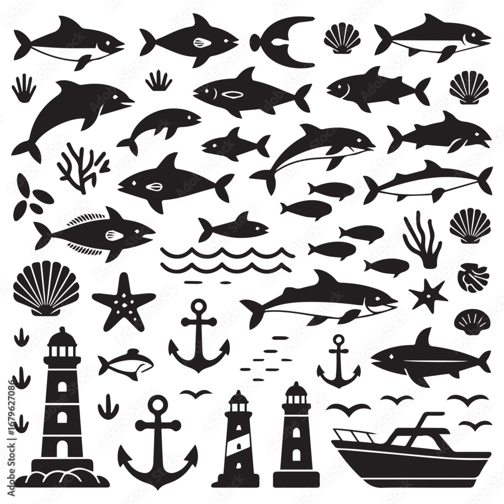 Naklejka premium Collection of nautical and marine life silhouettes including sharks dolphins fish anchors lighthouses seashells and a boat