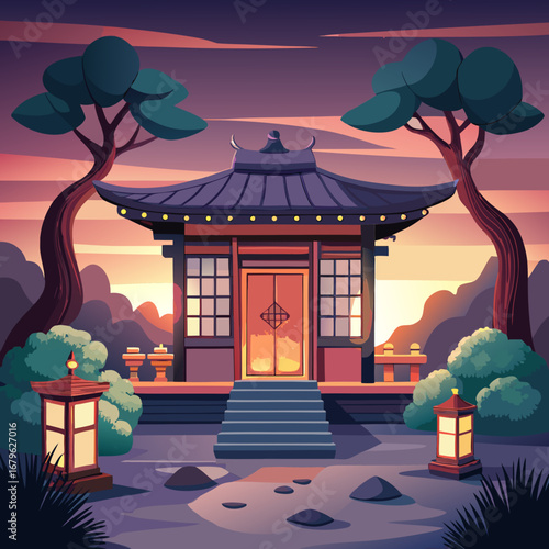 Peaceful japanese teahouse vector cartoon illustration serene evening atmosphere scalable art