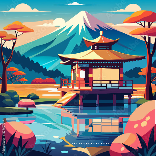 Vibrant vector illustration of a traditional japanese tea house with mt. fuji reflection
