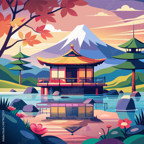 Vector illustration of traditional japanese tea house scene with mount fuji and cherry blossoms