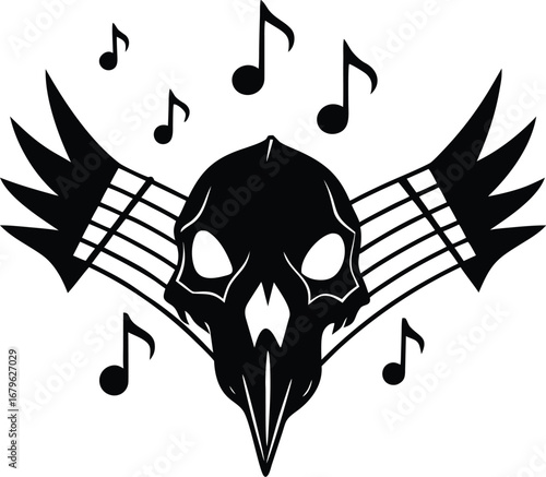 Vector art of striking black and white graphic of a skull with ravenlike features and wings, adorned with musical notes and staff lines, evoking a gothic or rock and roll aesthetic, isolated on a