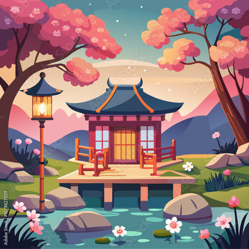 Tranquil japanese teahouse serenity vector illustration with cherry blossoms and zen garden
