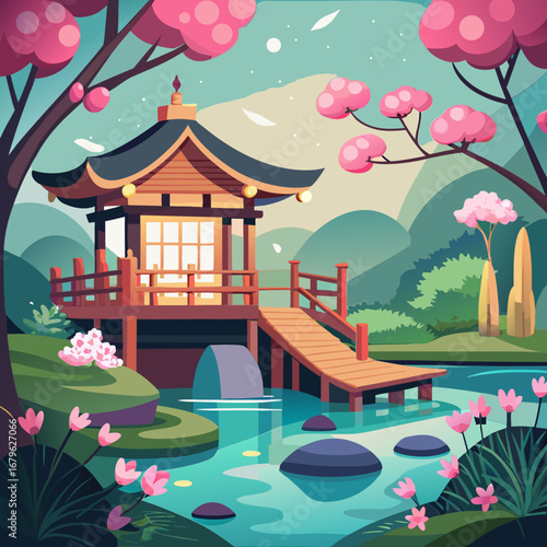 Tranquil japanese teahouse amidst cherry blossoms and serene water landscape vector illustration