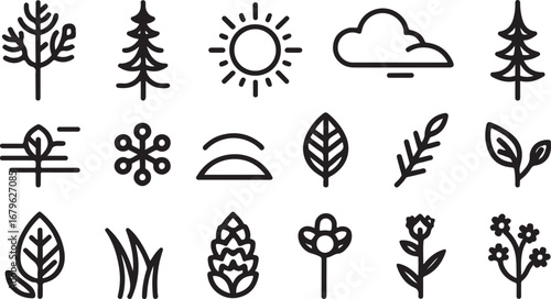Collection of Black and White Nature and Weather Icons for Environment and Climate Studies Design Resources