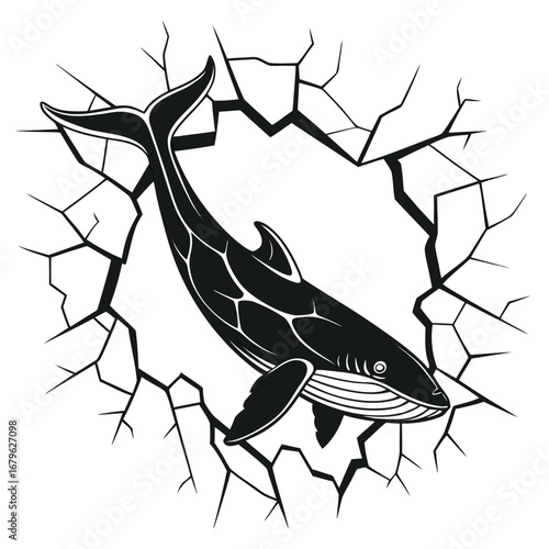 Whale swimming into shattered cave silhouette