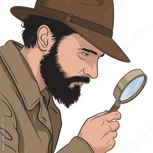 Vector illustration of a classic bearded detective in a trench coat and fedora, intently searching for clues with a magnifying glass