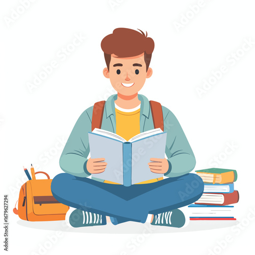 Smiling student seated cross-legged, reading a book surrounded by books and a backpack.