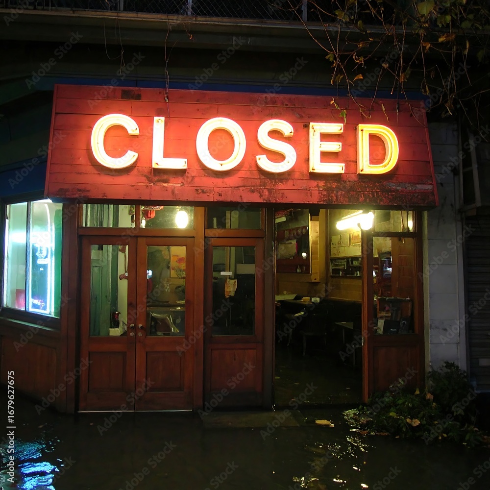 Naklejka premium A neon sign that says CLOSED illuminates a storefront at night.