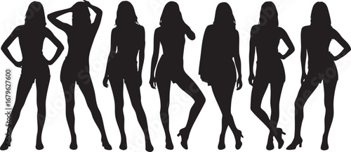 Business people, large set of vector wome seven black silhouettes 