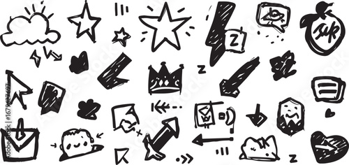 Hand Drawn Doodle Icons Set Black and White Sketch Style Seamless Vector Pattern for Print and Digital Use Trendy Graphics