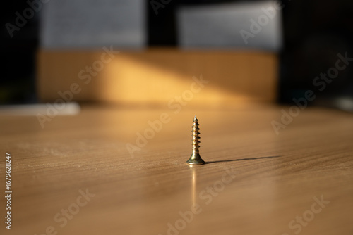 Metal screw standing upright on a wooden table, sharp threads and shiny surface visible, concept of construction, joinery, DIY and building materials