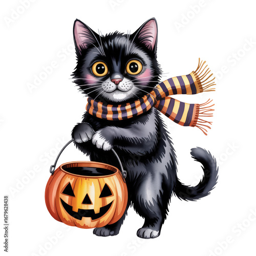 High-quality Halloween sublimation clipart of a cute black cat holding a pumpkin jack-o’-lantern bucket and wearing a striped scarf. Perfect for t-shirt designs, mugs, tote bags, cards, stickers
