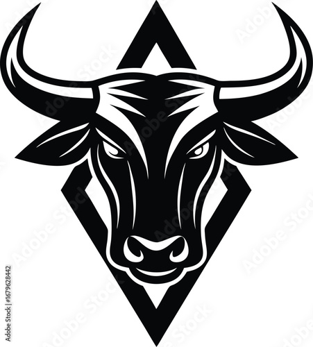 Vector art of a powerful black bull head with sharp horns, depicted in a bold graphic style within a diamond shape, isolated on a