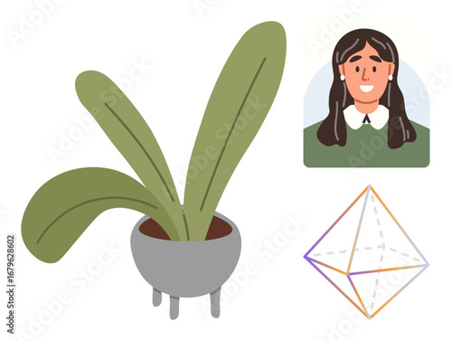Green-leaved plant in a modern pot, geometric shape with gradient lines, female portrait in circle. Ideal for nature, creativity, self-expression, art, design balance minimalism. A simple flat