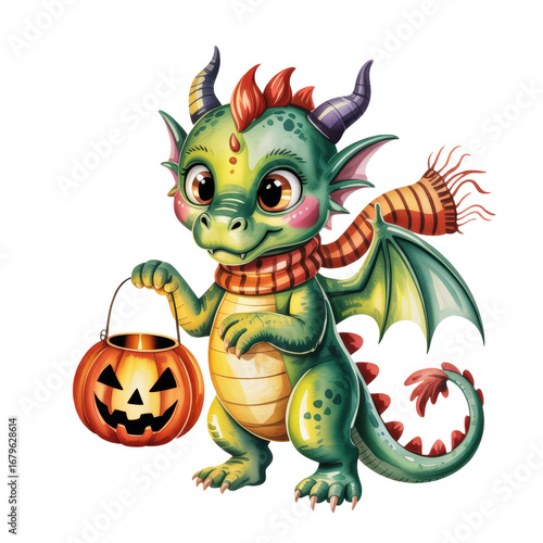 High-quality Halloween sublimation clipart of a cute baby dragon with wings and scarf, holding a pumpkin jack-o’-lantern bucket. Perfect for t-shirt designs, mugs, tote bags, cards, stickers