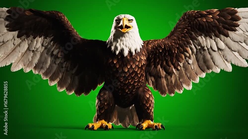 A majestic American bald eagle with wings spread wide, rendered in 3D against a vibrant green screen background symbolizing freedom and power