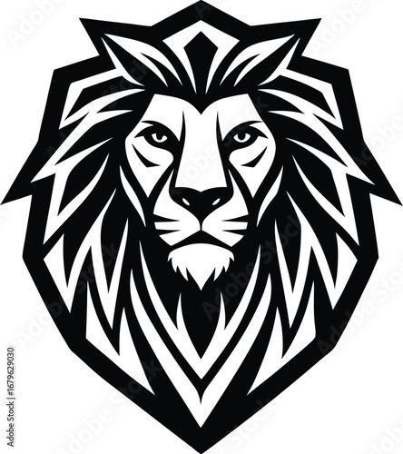 Vector art of a striking black and white vector graphic of a lions head, depicted with a powerful mane and intense gaze, presented as a geometric emblem, isolated on a