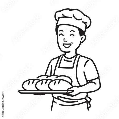 Smiling male baker character holding a tray of fresh bread loaves. Professional cooking staff illustration in a black and white line art style for a bakery