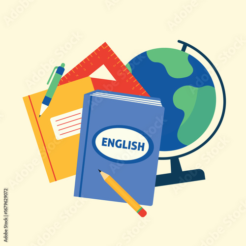 Education concept with English book, notebook, pen, ruler, and globe. Flat vector illustration for school, studying, language learning, online courses, classroom, academic and teaching design