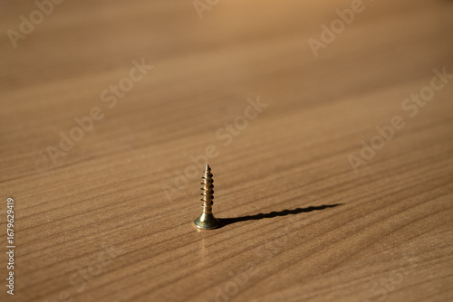 Metal screw standing upright on a wooden table, sharp threads and shiny surface visible, concept of construction, joinery, DIY and building materials