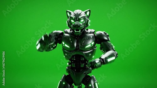 A metallic, robotic panther figure stands in a fighting pose against a vibrant green background.