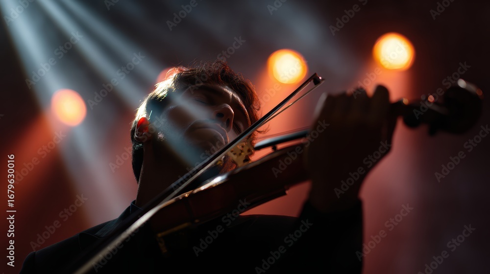 Fototapeta premium A professional violinist performing passionately on a grand stage illuminated by dramatic spotlights