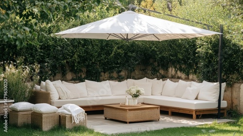 White couch and coffee table under umbrella in relaxing backyard