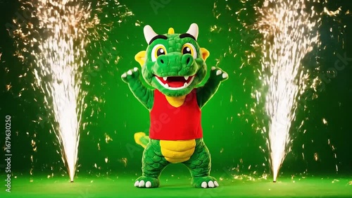 Green fountain in a park with a little boy playing in a fun cartoon vector illustration