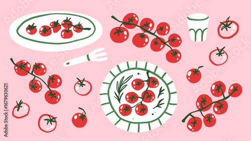 Tomato vine hand drawn vector illustration set. Red cherries on the plate. Italian food dinner menu.