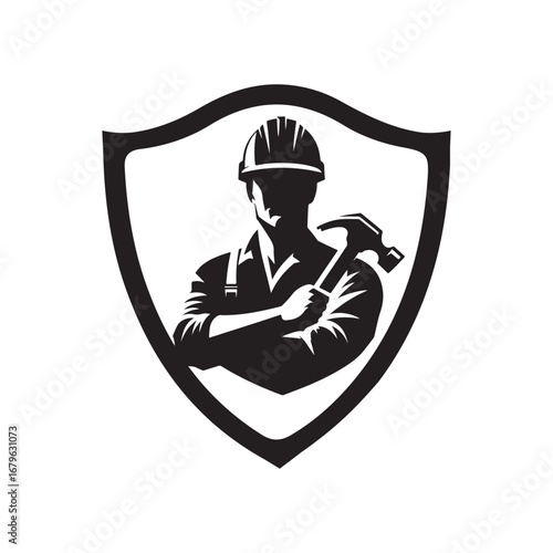 construction worker vector silhouette clip art logo design illustration. construction tools with worker icon set collections