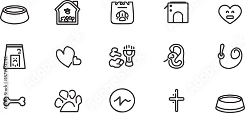 Collection of Dog Related Icons Featuring Food Bowl House Treat Bones and Toys Represents Pet Care