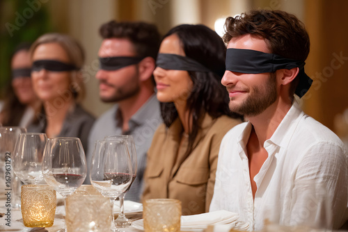 Guests participate in a blind tasting led by a sommelier, blindfolded