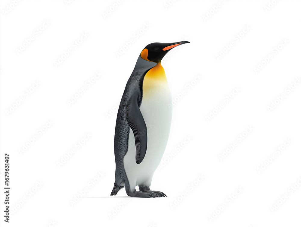 Naklejka premium Realistic 3D illustration of a majestic emperor penguin standing upright, showcasing its distinctive black and white feathers and vibrant orange accents against a clean white background