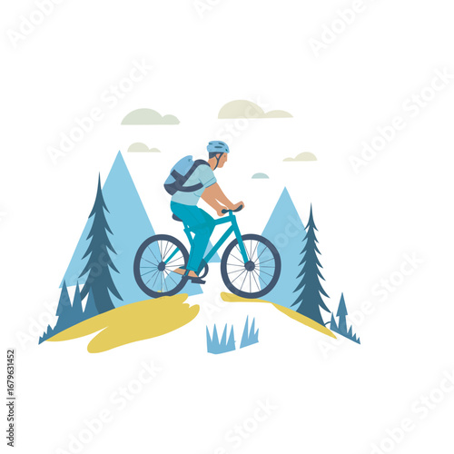 Dynamic illustration of a man on a mountain bike navigating a scenic forest trail, symbolizing adventure, outdoor sports, and a healthy, active lifestyle