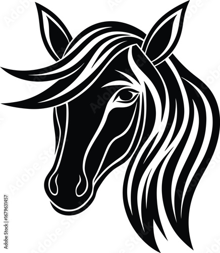 Vector art of stylized black horse head with flowing mane, , conveying elegance and freedom, rendered in a bold, graphic art style